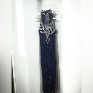 1980s Vintage Sean Designs 100% Silk Beaded High Neck Halter Formal Dress